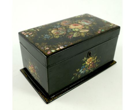 VICTORIAN PAPIER MACHE TEA CADDY WITH FLORAL DECORATION