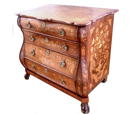 DUTCH MARQUETRY INLAID BOMBE COMMODE APPROX 92 cm  WIDE ON CLAW FEET