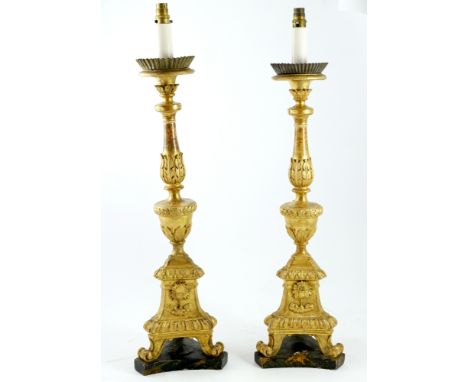 PAIR OF GILT PRICKET STICK TABLE LAMPS WITH SHADES 70 cms EXCLUDING SHADES