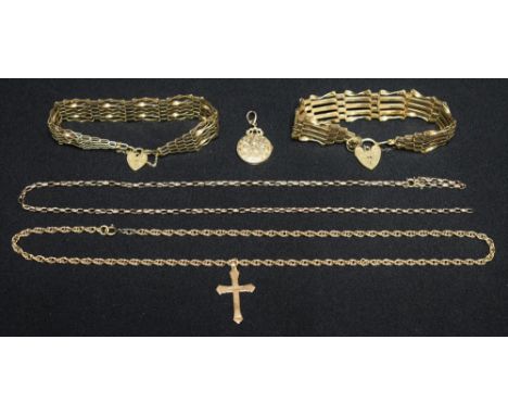 Jewellery - a 9ct gold six bar gate link bracelet; another five bar; a pedant necklace; a cross necklace, 38g (4)