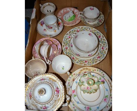 A 19th century Derby part muffin dish, similar 19th century Derby porcelain cups and saucers painted with roses; other 19th c