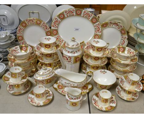 A Royal Crown Derby Red Derby Panel part dinner, tea and coffee service including dinner plates, dessert plates, side plates,