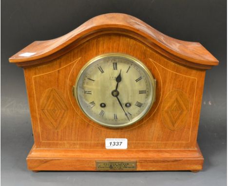 A JW Benson mahogany inlaid presentation mantel clock