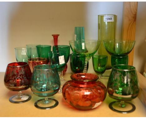 Glassware - a Victorian drinking glass, green bowl on a clear stem, others similar; a 19th century compressed ovoid vase, eng