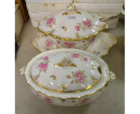 A Royal Crown Derby Pinxton Roses pattern navette shaped soup tureen and stand, first quality; another, oval tureen, second q