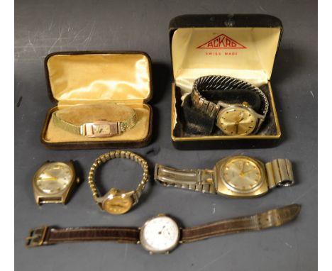 Wristwatches - a Art Deco 9ct gold cased Everite lady's bracelet watch, yellow metal chain link bracelet, cased;  an Abby sil