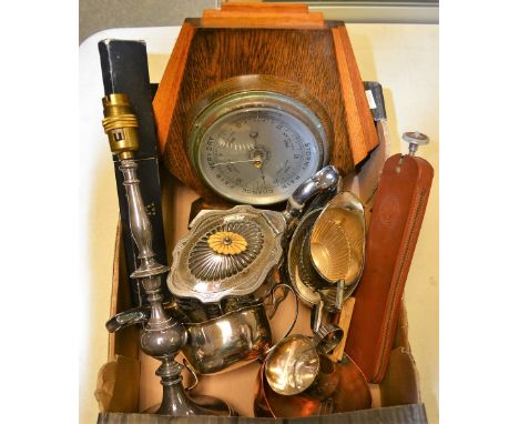 An Art Deco mantel barometer; an EPNS table lamp; a Victorian electroplated tea pot; similar stop fluted milk and sugar; a sm