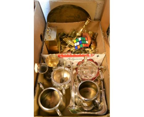 Metalware - a pair of brass candlesticks; EPNS swing handle bowl; sugar bowls; etc.; quantity