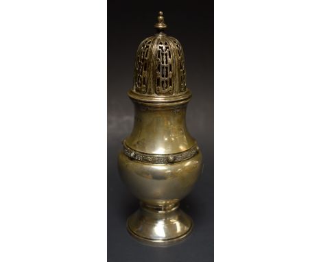 A silver baluster sugar caster, pierced cover, knop finial, Walker and Hall, Birmingham 1936, 17cm, 4.6oz