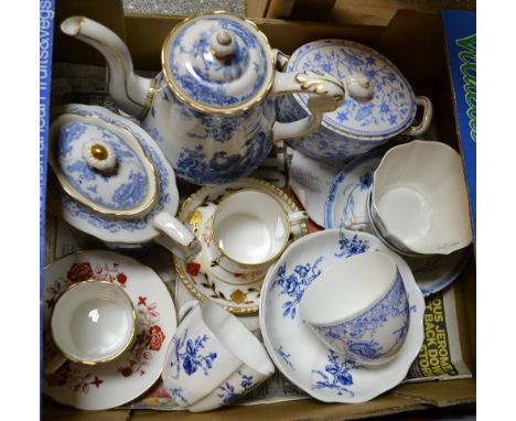 A Royal Crown Derby Blue Aves coffee pot; a 19th century Derby porcelain sucrier and cover, transfer printed in blue; a Royal