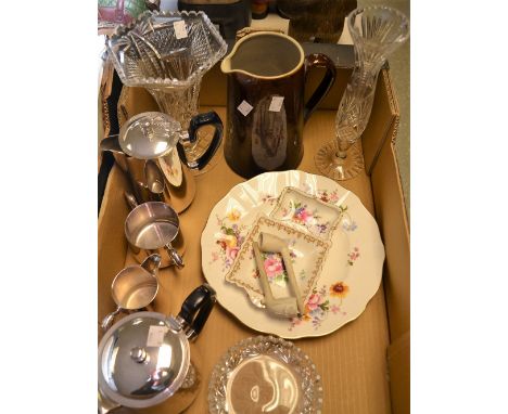 A Royal Crown Derby Posie pattern plate, other trinkets; an EPNS four piece tea service; a cut glass vase, another; two clay 
