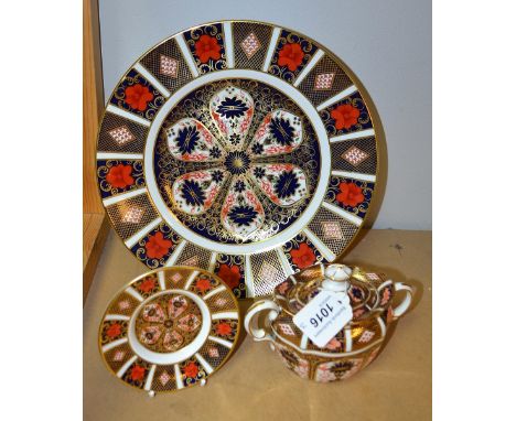 A Royal Crown Derby 1128 pattern twin handled sucrier and cover, first quality; others, 27cm plate and saucer (3)