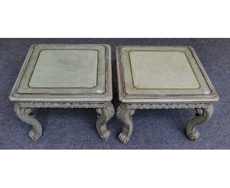 A pair of French 18th century style carved wooden grey painted occasional tables of sqaure form, raised on acanthus leaf and 