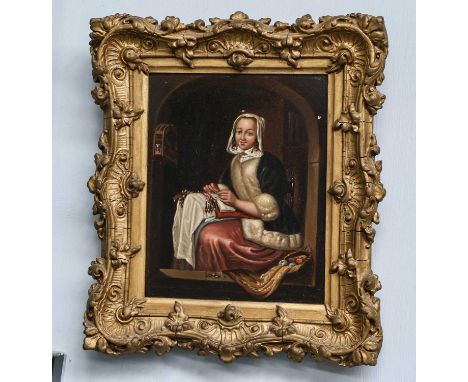 Manner of Gerrit Dou (1613-1675) DutchPortrait of a lady, full length, seated, making laceOil on metal, 20cm by 16cm 