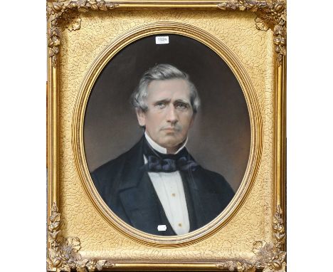 British School (19th century)Portrait of a Gentleman bust length in a dark suit and tie Pastel, 49cm Dia. (Oval) 