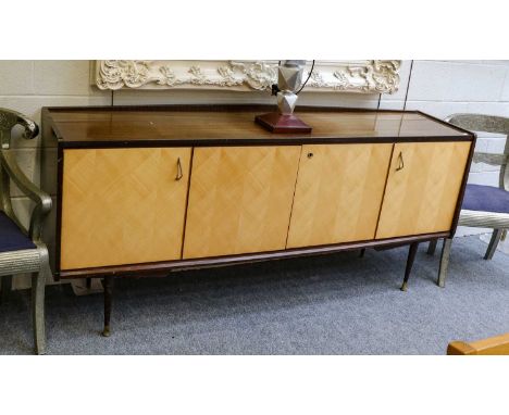 A large mid century sideboard with blondewood doors, 200cm by 44cm by 88cm, a nest of 1950's mahogany occasional tables, a pe