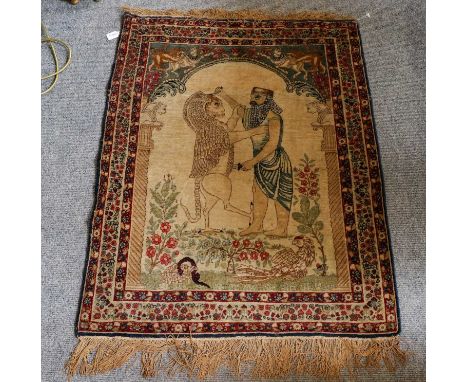 A Kirman pictorial rug, the field depicting a scene from Persepolis enclosed by floral borders, 95cm by 76cm; together with t