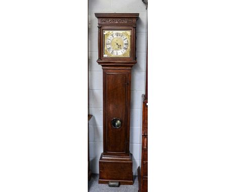 An oak thirty-hour longcase clock, 18th century, 11" square brass dial, with chapter ring, signed Andrew Knowles, single hand