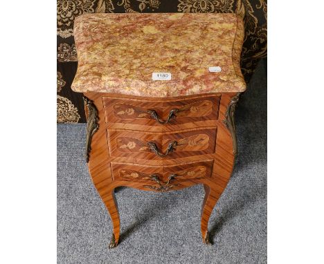 Pair of French marble top inlaid kingwood gilt metal mounted bombe-shaped bedside chestsSome very light fading and scuffs, on