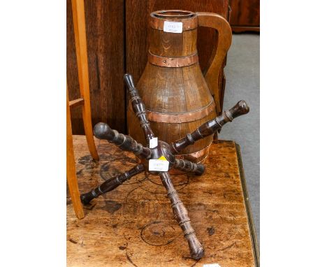 A Devon coopered oak pitcher by Mr. J H Fry of Barnstaple circa,1939; together with an early 19th century turned mahogany cat