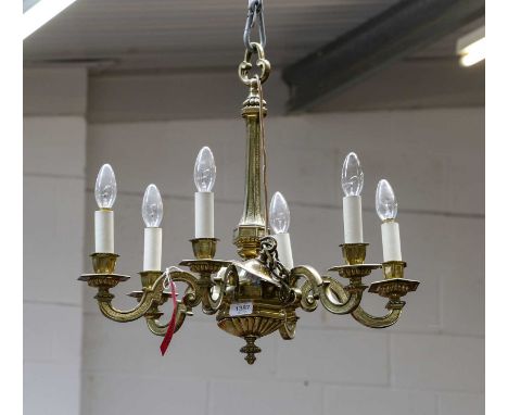 A gilt metal six-light chandelier with hexagonal drip trays, 55cm drop