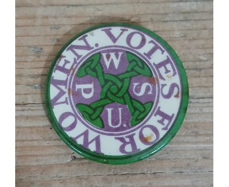 An early 20th century Suffragette WSPU Women Social &amp; Political Union Votes For Women badge, inscribed verso 'Manufacture