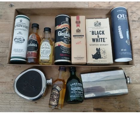 A box of mainly scotch whisky miniatures and two hip flasks etc. 