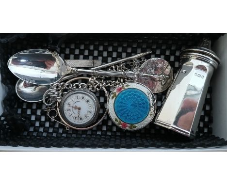 A mixed lot of assorted silver items including pill boxes, spoons, pepperette, watch etc.