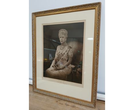 Queen Mary, a large and fine photographic portrait by Soper, depicting the queen seated, signed in margin, glazed and framed,