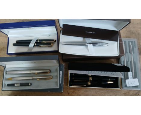 Assorted pens including Cross, Waterman and Parker.