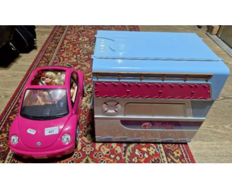 Barbie toys comprising Jet Barbie play set 2006 and Barbie VW Beetle with two dolls.