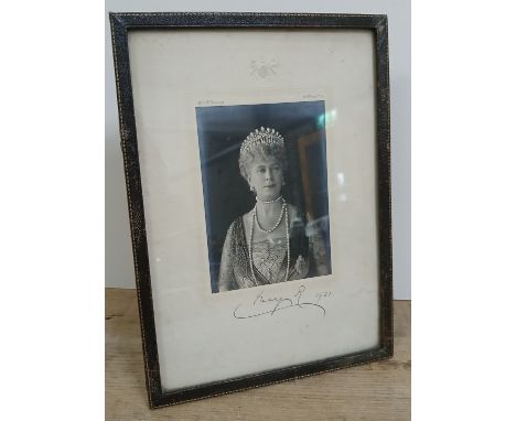 Queen Mary, a mid length photographic portrait by W&amp;D Downey, mounted on card with royal crest, signed and dated 1921 in 