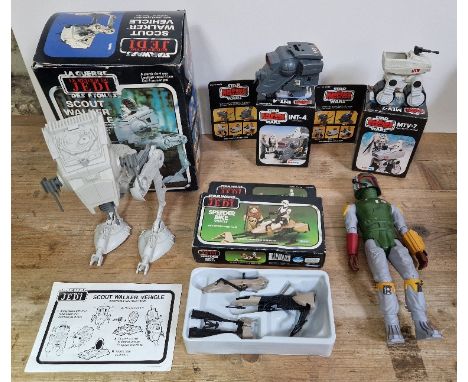 A box of assorted Star War toys to include a boxed Return of the Jedi scout walker vehicle, a boxed Return of the Jedi Speede