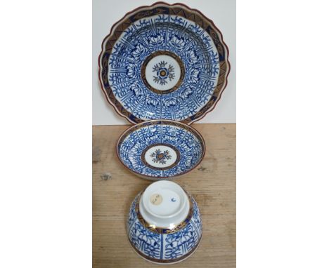 An English 18th century Flight period Worcester trio, circa 1775, comprising tea bowl, saucer and side plate, decorated in bl