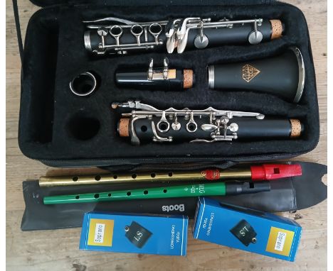 A CCM clarinet in case together with a recorder and two saxophone mouthpiece covers. 