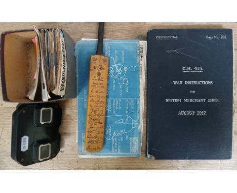 A mixed lot of collectables including a miniature cricket bat with facsimile autographs, a View-Master with slides, a WWI sub