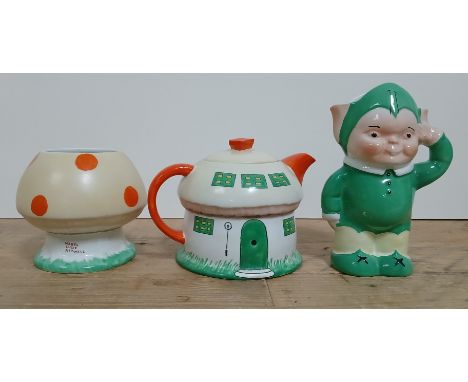 A Shelley Boo-Boo tea set by Mabel Lucie Attwell comprising elf cream jug, mushroom cottage and toadstool sugar bowl.&nbsp;Co