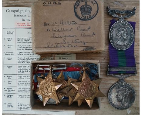 Assorted WWII and post war medals comprising George VI General Service Medal with Palestine 1945-48 clasp awarded to 14847203