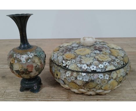 Japanese Meiji Period cloisonne shibayama mother of pearl and ivory vase and similar casket, unmarked, vase height 13cm, cask