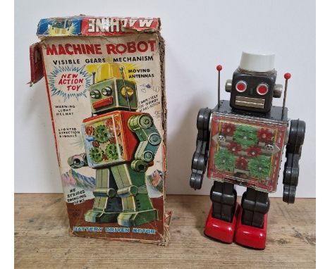 A Japanese battery operated tinplate 'Machine Robot' with visible gears mechanism, by SH Toys, height 28cm, with original box