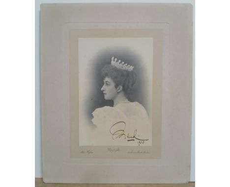 Princess Maud of Wales, an autographed shoulder and head photographic portrait by Alice Hughes, depicting the princess lookin