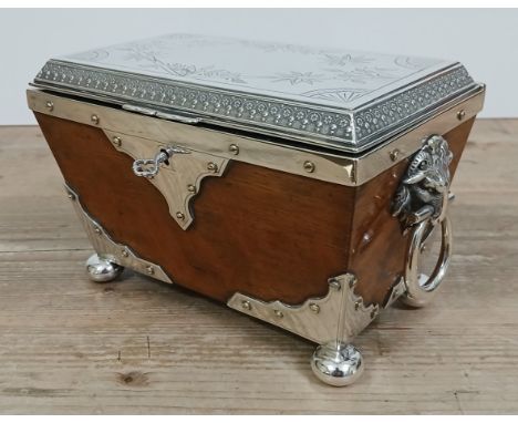 A late Victorian silver plated and golden oak tea caddy, length 22cm.&nbsp;Condition - very good, slight general wear only.