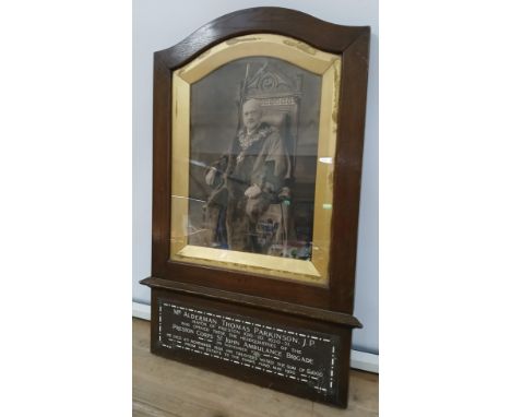 A Preston presentation portrait with plaque MR ALDERMAN THOMAS PARKINSON. J.P. MAYOR OF PRESTON 1919-20, 1920-21, WJHO OPENED