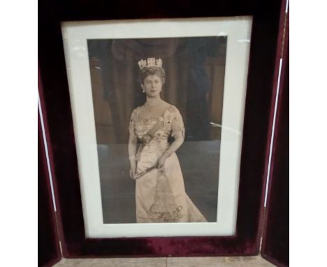 Queen Mary, a full length autographed portrait, moroccan red leather and velvet line frame/case, marked 'J MacMichael' verso,
