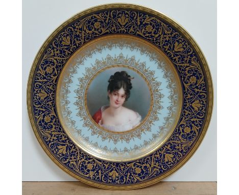 A Vienna style continental porcelain plate with hand painted portrait 'Madame Recamier', diameter 22cm.