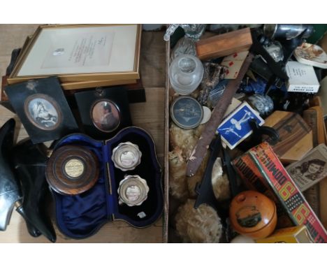 A box of a sorted collectables including House of Commons 1831 fire box, silver salts, portrait miniatures, shoe trees etc. e