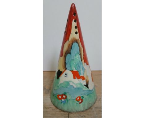 A Clarice cliff Art Deco conical sugar shaker decorated with an orange roof cottage or farm house with red sky, stream and fl