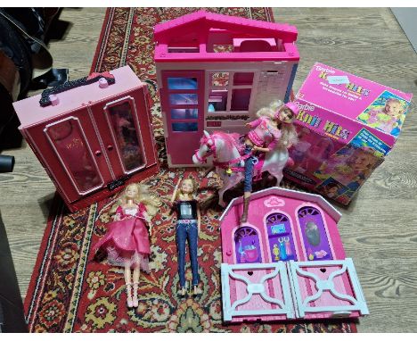 A box of assorted Barbie toys to include a folding house with accessories, fashionista dolls wardrobe with dresses, Barbie kn