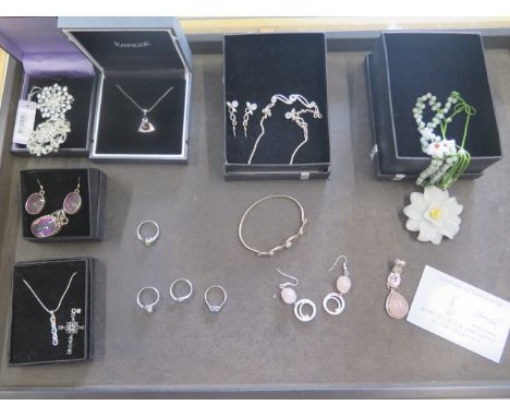 A collection of assorted silver and other Jewellery including a Jade flower necklace , Rose Quartz and Topaz 