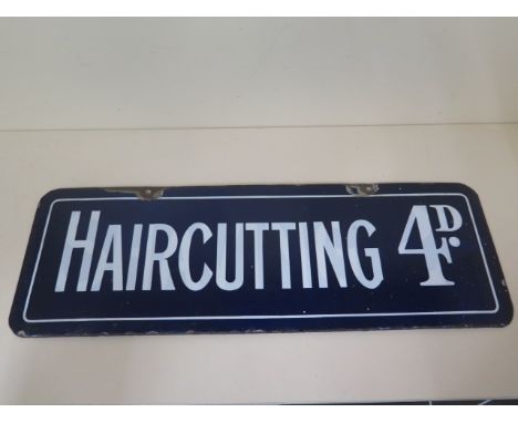 An enamel haircutting and chiropody double sided sign. Generally good condition with some enamel losses to holes and edges. 6